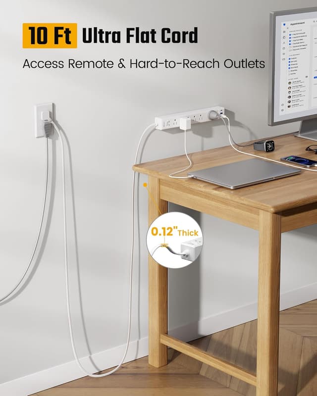 Detalle 2 de SUPERDANNY 10 Ft Flat Plug Power Strip 6-Outlet 3-USB ๐