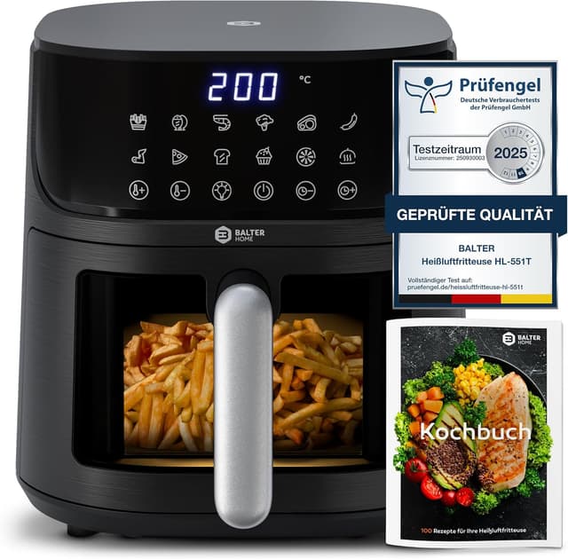 Detalle de Balter HL-551T Heißluftfritteuse (Airfryer) XXL, 5,5 l, mit Sichtfenster & 12 Programmen
