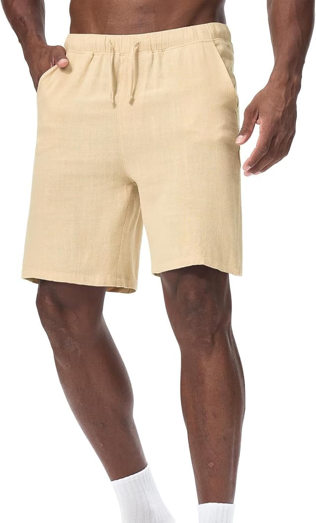 Detalle 2 de Zetieny Herren Leinen Shorts Sommer mit Kordelzug – atmungsaktive Freizeithose mit Taschen