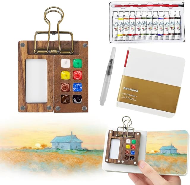 Detalle de 5 Pcs Portable Watercolor Palette (8 grids) travel watercolour set with foldable wooden lid and sketchbook