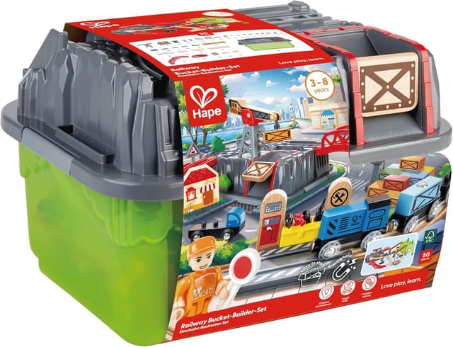 Detalle 2 de Hape Eisenbahn-Baukasten-Set mit Lagerbox, Güterzug 🚂