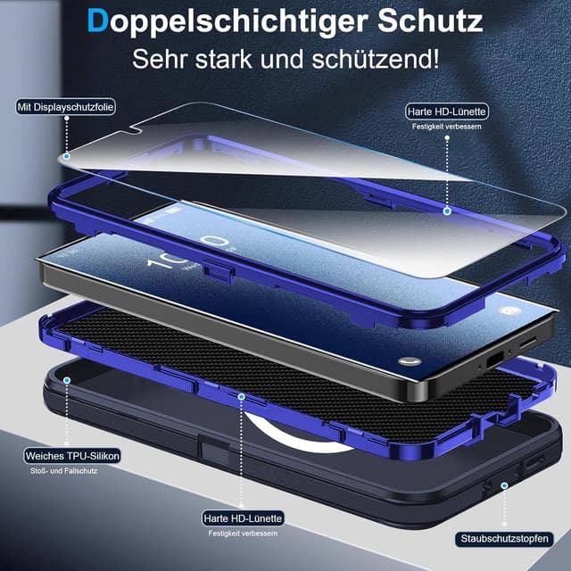 Detalle de Handyhülle mit Panzer-Schutz für Samsung Galaxy S25 Ultra inkl. Displayschutz (360° stoßfest, Magnetisch, Blau)