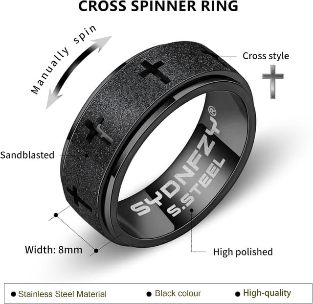 Detalle 2 de SYDNFZY Anxiety Spinner Ring for Men (Stainless Steel Cross Spinner) — 8mm Fidget Spinner Ring for Stress Relief