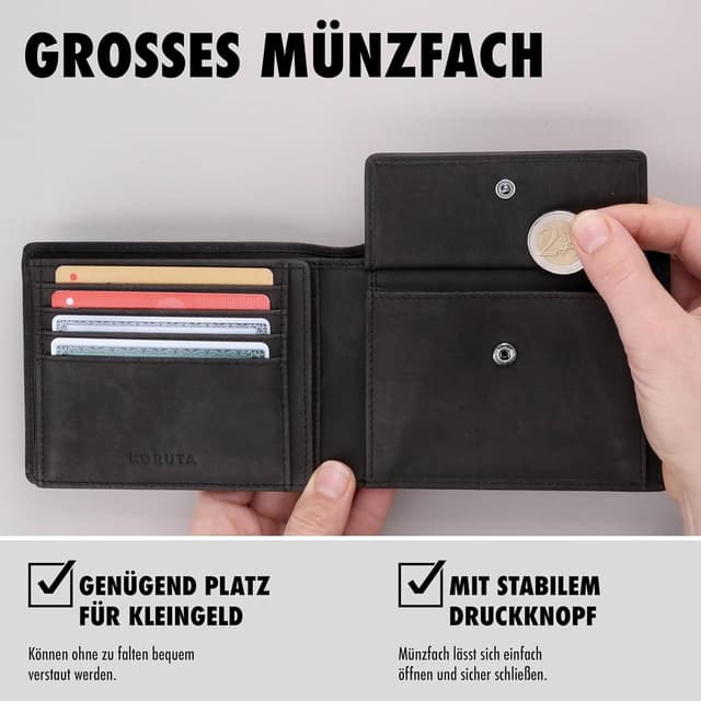 Detalle 2 de KORUTA Herren-Geldbörse aus Echtleder (Querformat) braun mit RFID-Schutz und 13 Fächern