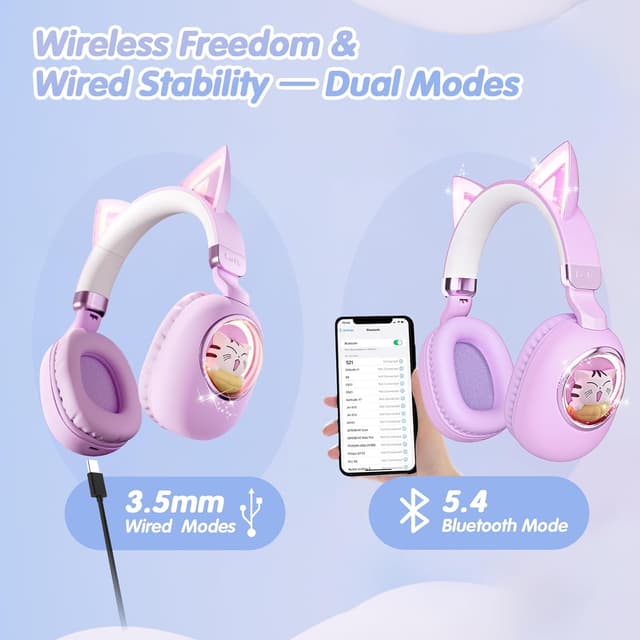 Detalle 2 de esonstyle Cat Ear Kids Headphones (Bluetooth 5.4) with 85dB Safe Volume Limit, Mic + Wired 3.5mm/USB-C