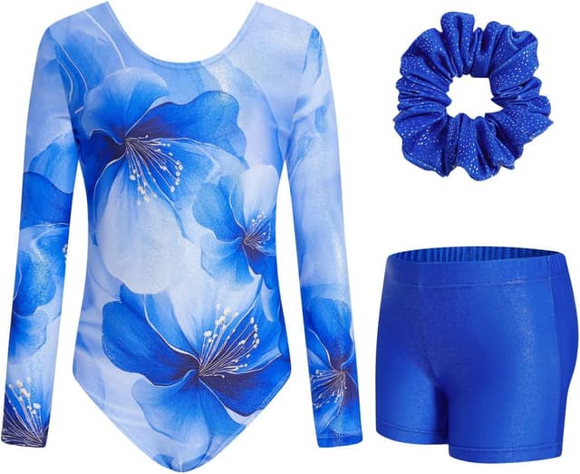 Detalle de JiAmy girls gymnastics leotards with shorts set (long sleeve) for ages 3–12