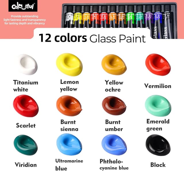 Thumbnail 6 de Colourful Acrylic Stained Glass Paint Set with 12 Colours, 6 Brushes & 1 Palette