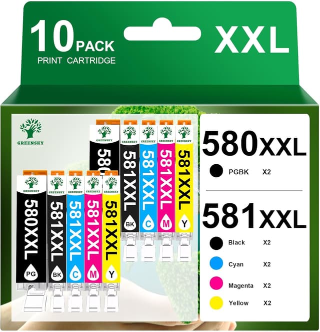 Detalle de GREENSKY 580 581 XXL Multipack kompatibel für Canon PGI 580/CLI 581 – 10er-Pack für Pixma TS-Serie