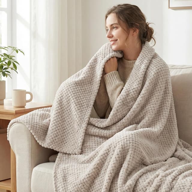 Detalle de Plaid couverture polaire extra large façon gaufrée Camel (220x240 cm) – doux et chaud pour canapé et lit