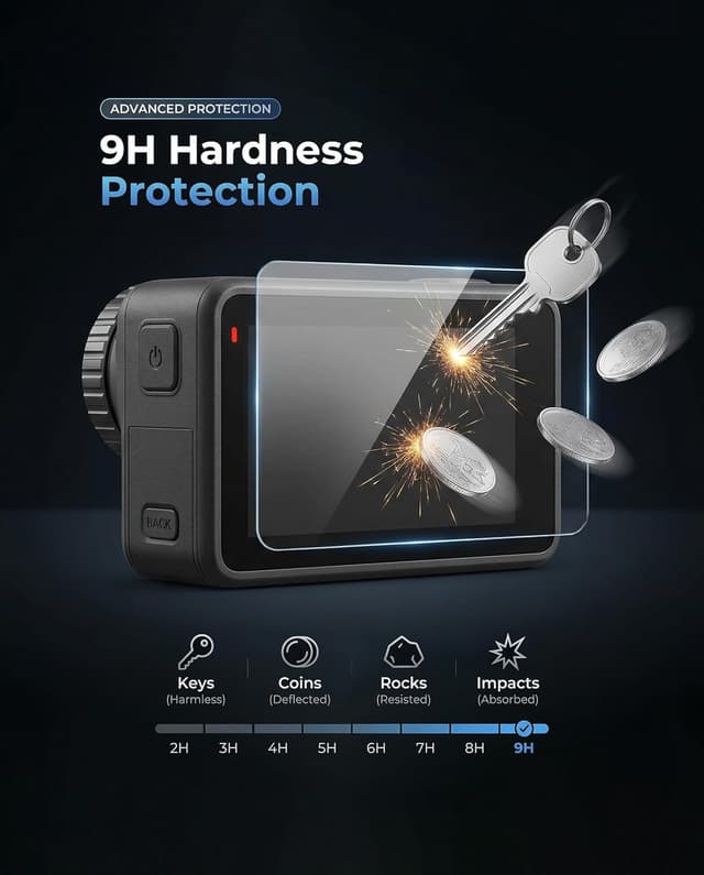 Detalle de iDaPro Displayschutz für DJI Osmo Action 6: Hartglas (9H) inkl. Objektivschutz & Schutz für Sub-Bildschirm (2+2+2-teilig)