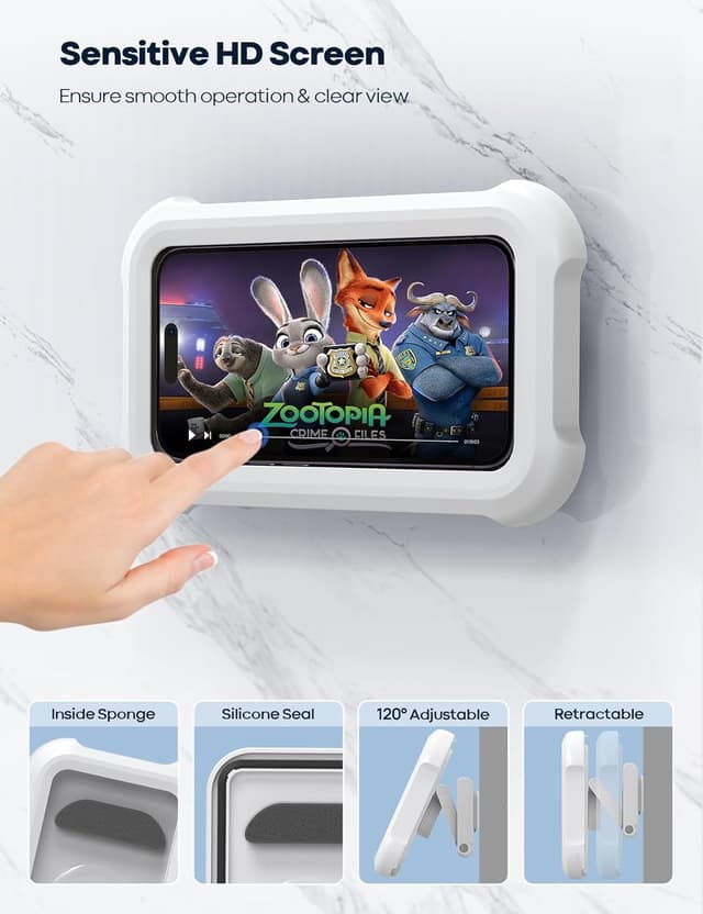 Detalle de Lamicall Waterproof Shower Phone Holder with 480° Rotation, Anti-Fog Touchscreen Wall Mount (Fit 4–7") – White