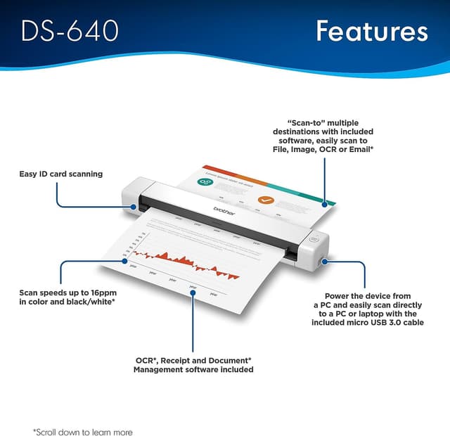 Detalle de Brother DS-640 Compact Mobile Scanner 1.5"x2"x11.9"