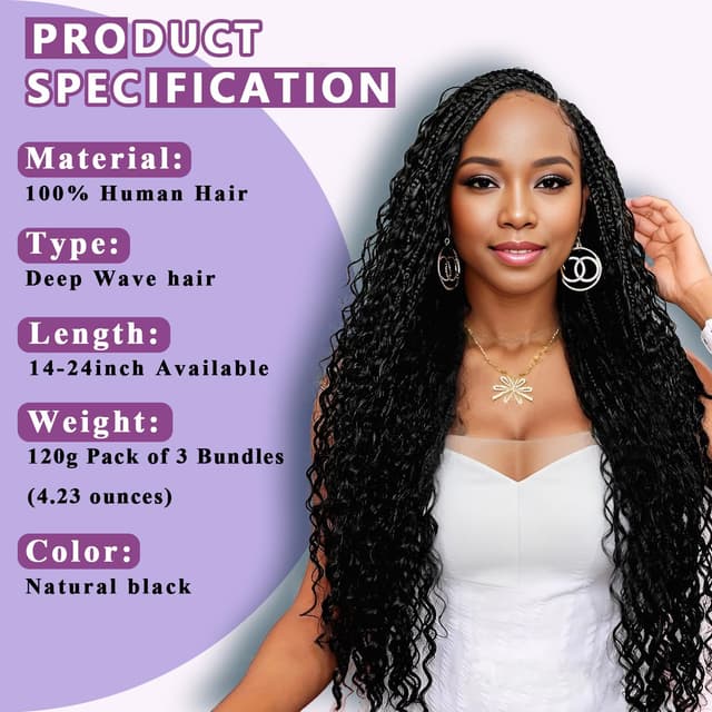 Detalle de Afihond Human Braiding Hair for Boho Braids (Deep Water Wave), 120g Bulk Human Hair, No Weft, 3 Bundles, 18 Inch