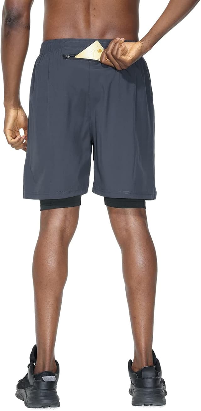 Detalle 2 de HMIYA Herren 2-in-1 Fitness-Shorts mit Kompressionsshorts, Taschen & Reißverschlussfach