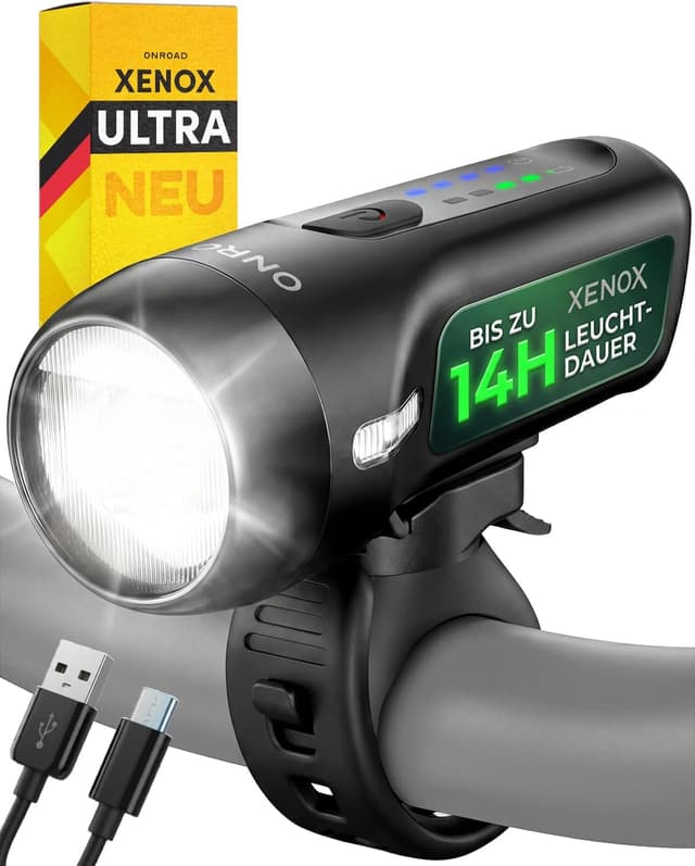 Detalle de XENOX ONROAD Fahrradlicht vorne mit automatischer Lichtanpassung, 70 Lux und USB‑C