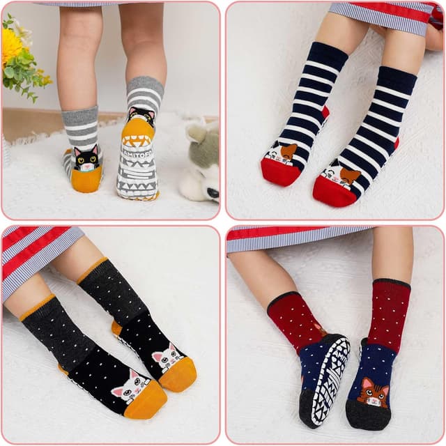 Detalle de ZFSOCK calze antiscivolo bambino in cotone, fantasia animali a righe (confezione da 5 paia)