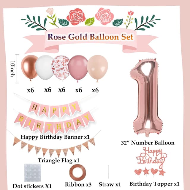 Detalle de 1. Geburtstag Deko-Set Roségold (Zahl 1 Luftballon) von VUCDXOP – Party-Deko für Mädchen zum 1. Jahr