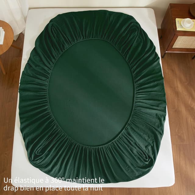 Detalle 2 de YASMENG Drap-housse 180x200 en gaze de coton certifié Oeko-Tex, vert foncé, bonnet 30 cm