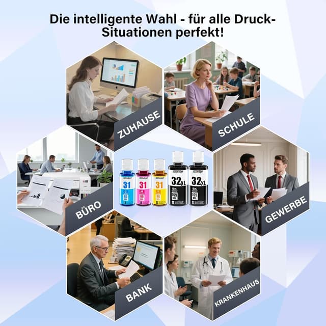 Detalle 2 de Osinkjet Druckertinten 31/32XL kompatibel für HP Smart Tank (31 Cyan/Magenta/Gelb, 32XL Schwarz)