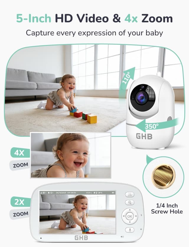 Detalle de GHB Baby Monitor with Camera and Night Vision, 5-inch Screen, 2-way Audio & VOX – Temperature Sensor, 4x Zoom