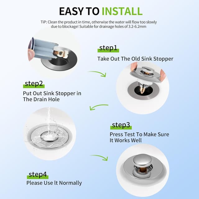 Thumbnail 6 de MOPUBZO Tappo lavandino bagno universale Pop Up in acciaio inox (2 pezzi) per fori 32–62 mm