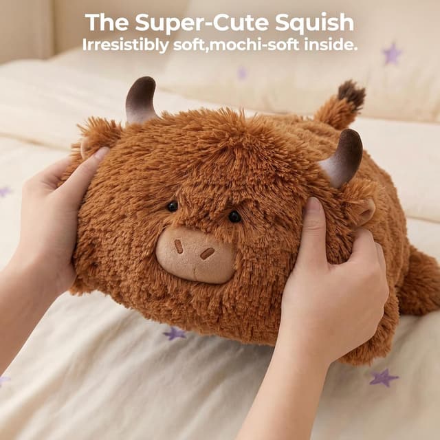Detalle de Mewaii Cute Cow Plush Pillow – Kawaii Highland Cow Squishy Cuddle Pillow (13")