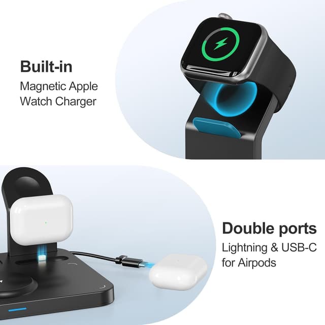 Detalle de ANJANK 5-in-1 MagSafe wireless charging station with digital alarm clock, night lights and Magnetic chargers
