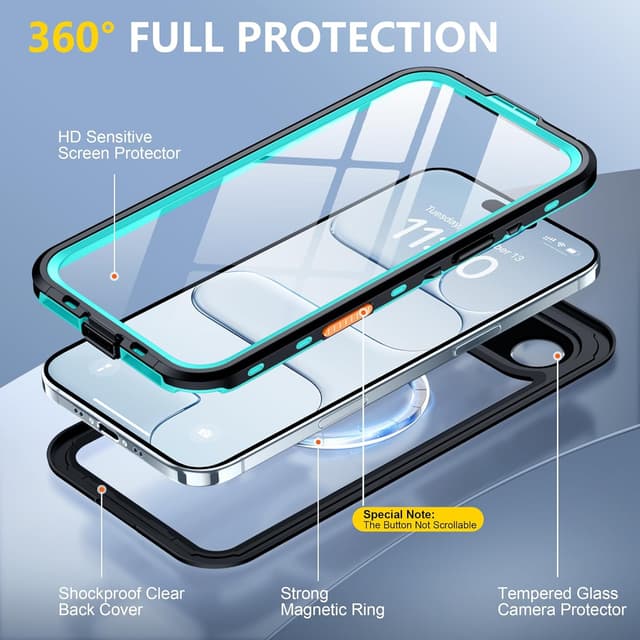 Detalle 1 de Red2Fire iPhone Air Case Waterproof (IP68) with Built-in Screen & Camera Protector, MagSafe Compatible, Full-Body Shockproof — Blue/Clear (6.5 in)