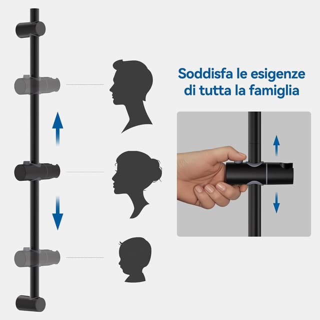 Thumbnail 6 de AuraLum Asta doccia 70 cm con saliscendi in acciaio inox e supporto per soffione regolabile, nero