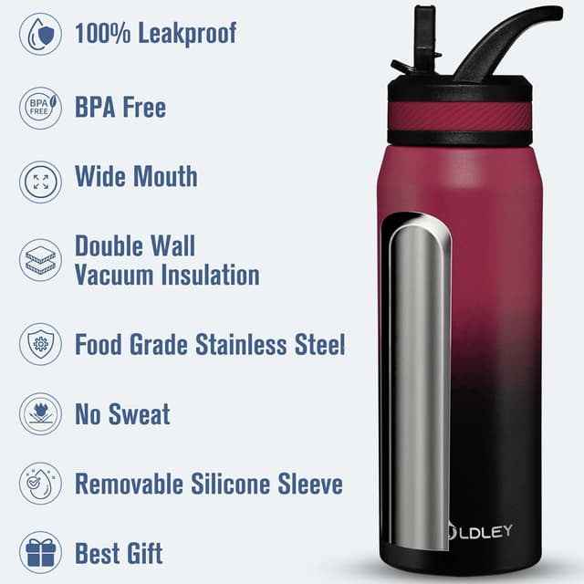 Detalle de OLDLEY 750ml insulated water bottle with straw and 3 lids (stainless steel, BPA-free)