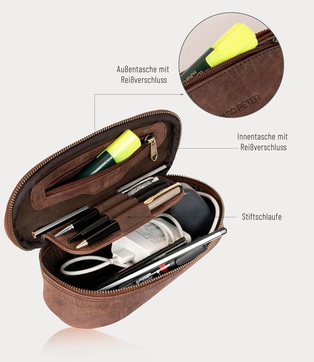 Detalle de Marc Peter Vintage Leder Federmäppchen Etui mit YKK-Reißverschluss (Braun)