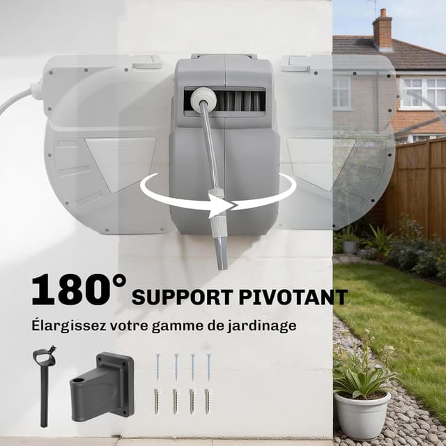 Detalle de Outsunny Enrouleur mural de tuyau d’arrosage 20+1,6 m pivotant à 180° avec buse 2 modes
