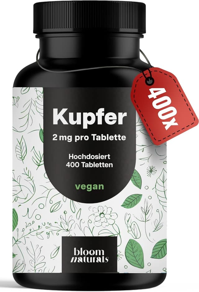 Detalle de Kupfer Tabletten (400 Stück) mit 2 mg Kupfer aus Kupferbisglycinat – vegan, hergestellt in Deutschland