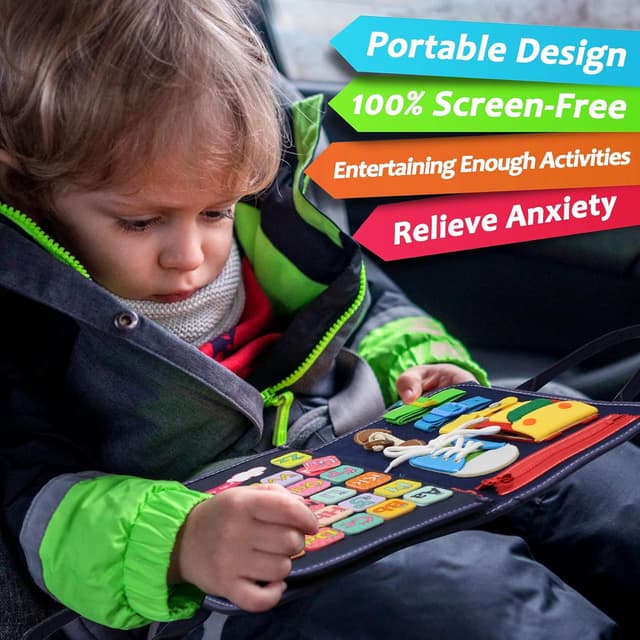 Detalle de Qizfun Montessori Busy Board & Busy Book for Toddlers (Blue/P4) – Screen-Free Travel Sensory Learning Toy