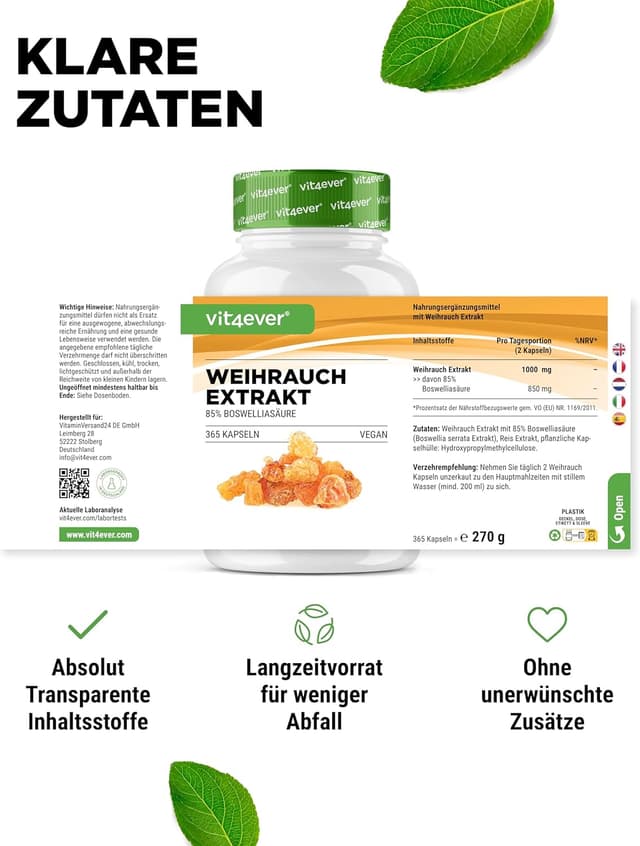 Detalle de Vit4ever Weihrauch-Extrakt 365 Kapseln (Premium, 85% Boswellia-Säure) – vegan, laborgeprüft