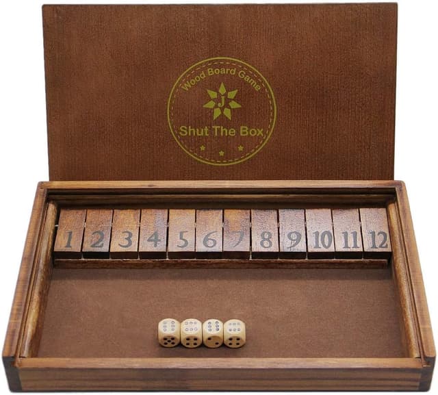 Detalle de Juegoal Shut The Box Wooden Board Dice Game with Lid (12 Numbers) — for Kids & Adults, Ages 5+
