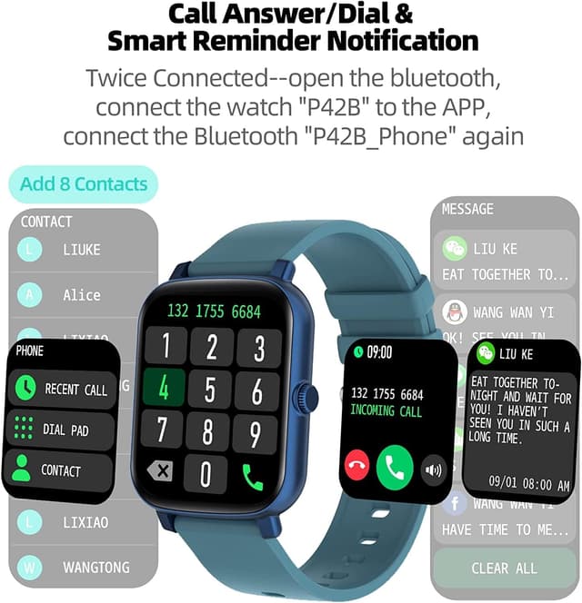 Detalle de FirYawee 1.7-inch Touchscreen Smart Watch (Blue) with heart rate, SpO2 and call notifications