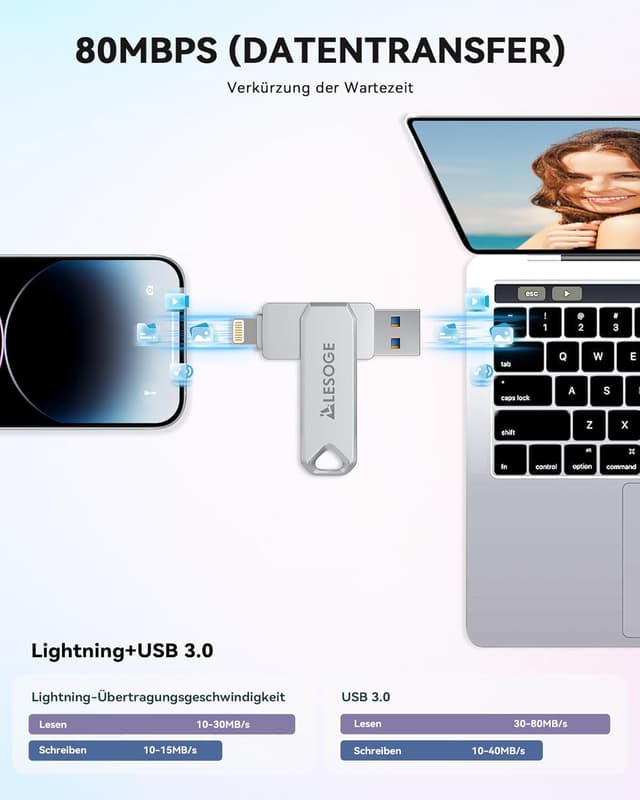 Detalle de LESOGE MFi-zertifizierter 3-in-1 USB-Stick (128 GB) für iPhone, iPad & Android – USB 3.0 Fotostick