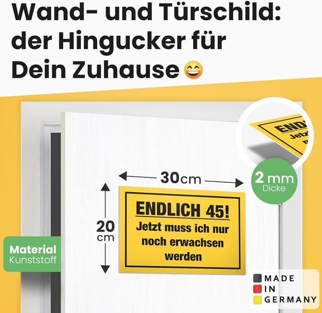 Detalle 2 de DankeDir! Endlich Fünfundvierzig Schild 30 x 20 cm