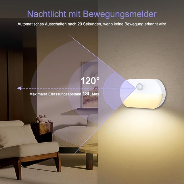 Detalle de OQIMAX Nachtlicht mit Bewegungsmelder – 2er-Set, 3 Modi (AUTO/OFF/ON) & 3 Farbtemperaturen