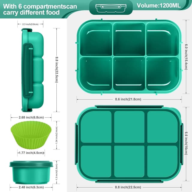 Detalle de Amathley kids bento lunch box with 6 compartments, leakproof divider design and sauce pot (green)