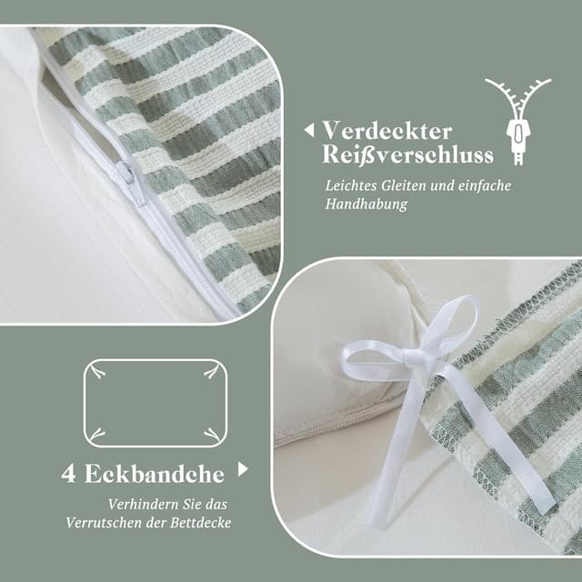 Detalle de SOULFUL Bettwäsche 135x200 aus Baumwolle, 4-teilig mit Jacquard-Streifen in Salbei Grün