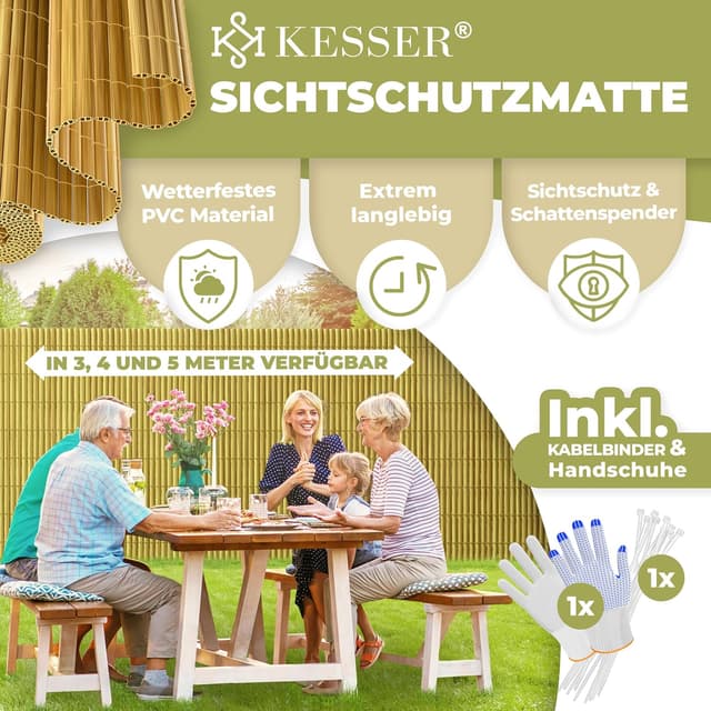 Detalle de KESSER PVC Sichtschutzmatte 100×300 cm für Balkon & Terrasse – blickdichte Windschutz-Lamellen mit Kabelbindern