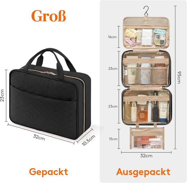 Detalle 2 de Lifewit Reise-Kulturbeutel Damen (groß) mit Haken – transparente Schminktasche Schwarz