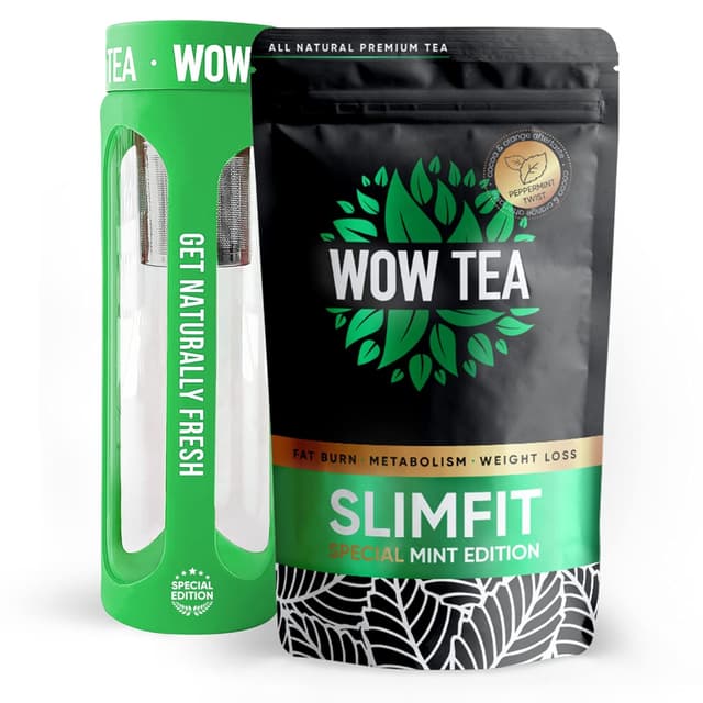 Detalle de WOW TEA Slimfit Kräutertee 21 Tage Mint – Minze, Grüntee & Himbeerblätter als tägliche Tee-Routine