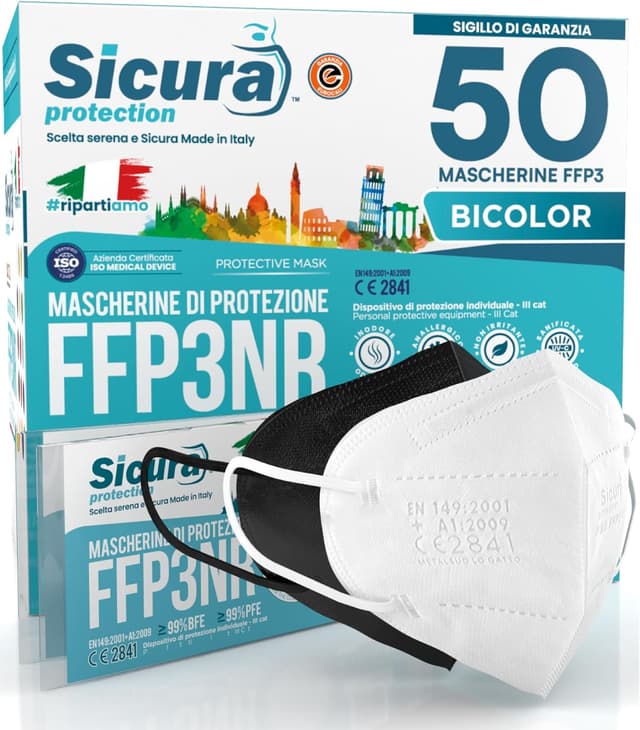Detalle de 50 Mascherine FFP3 certificate CE (EN 149) in Nere e Bianche, monouso, singolarmente sigillate