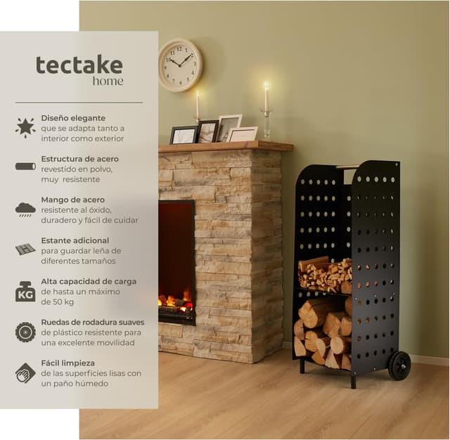 Thumbnail 2 de tectake Carretilla de Chimenea con ruedas 🪵