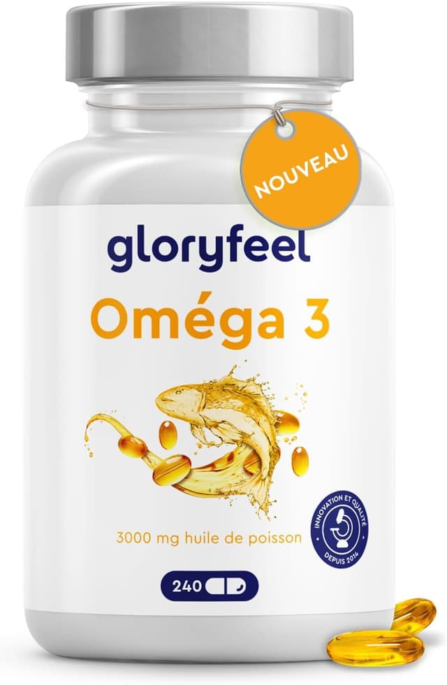 Detalle de Omega 3 Gélules Hautement Dosées – 3000 mg d’huile de poisson (forme triglycéride) + vitamine E, 240 gélules