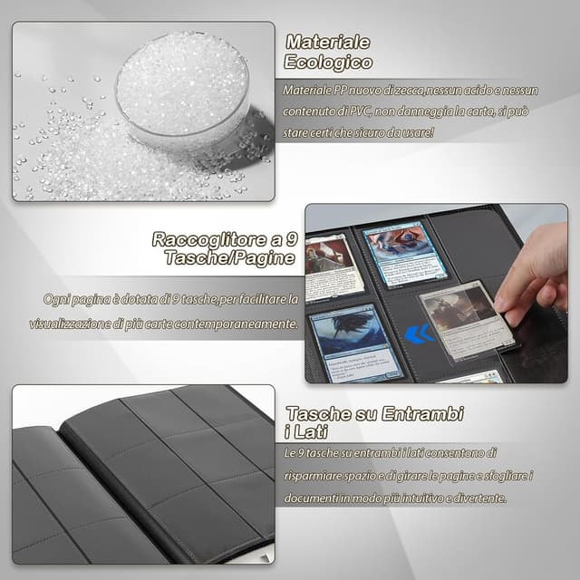 Detalle 2 de Album raccoglitore 468 carte (9 tasche per pagina) impermeabile in PU per MTG/TCG/Calcio-Baseball e figurine da scambio – Nero
