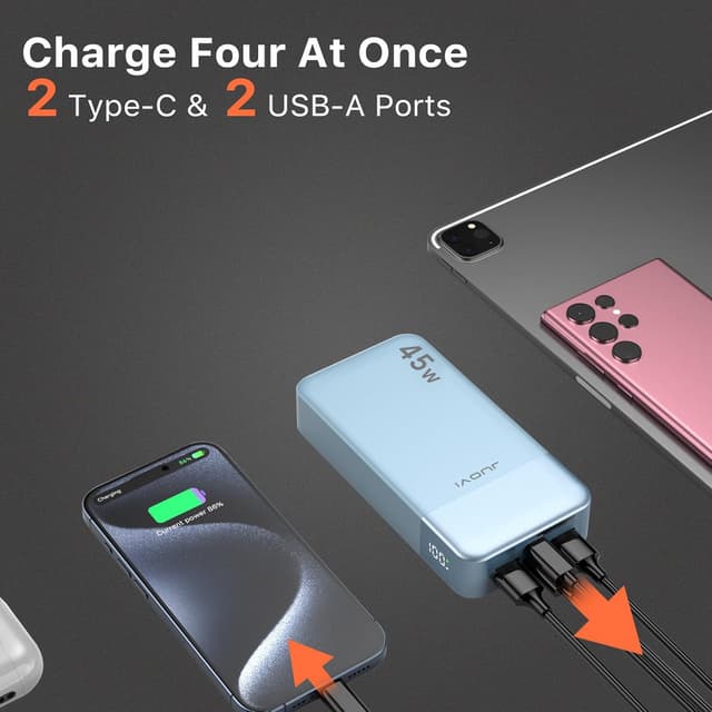 Detalle de JUOVI Power Bank 20000 mAh 45W con ricarica rapida, 4 porte e display LED (Blu)